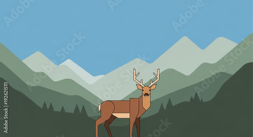 Deer Standing in Mountain Landscape.