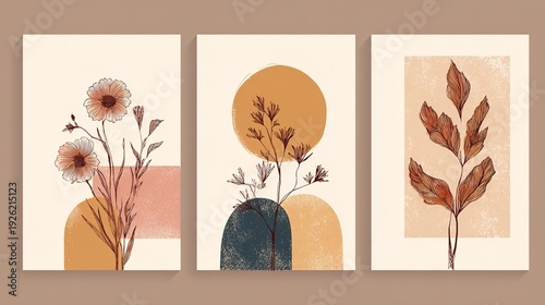 A set of three minimalist botanical art prints with abstract shapes