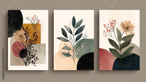 A set of three abstract floral paintings on a beige wall