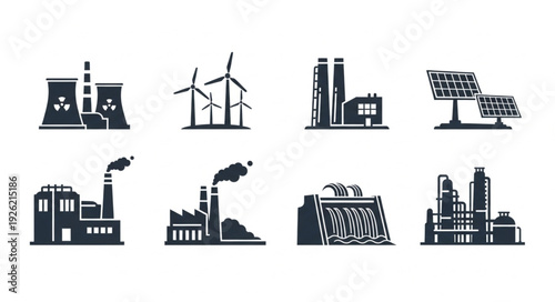 Industrial energy production facilities and power plants in silhouette style.
