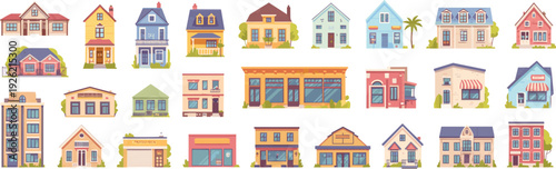 Flat design colorful house and shop collection with residential homes and commercial storefront buildings vector illustration set