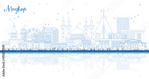 Outline Maykop Russia city skyline with blue buildings and reflections. Illustration. Maykop cityscape with landmarks. Business travel and tourism concept with modern and historic architecture.