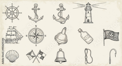 Nautical themed illustrations featuring anchors, compasses, and maritime elements in a vintage style.