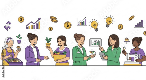 Diverse women entrepreneurs in business attire working on projects surrounded by financial growth charts and innovative ideas