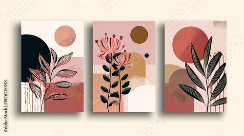 A set of three abstract art prints featuring plants and geometric shapes