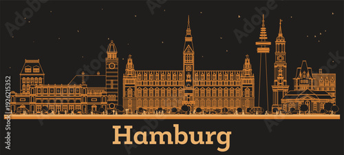 Outline Hamburg Germany City Skyline with orange Buildings. Illustration. Business Travel and Concept with Historic Architecture. Hamburg Cityscape with Landmarks.