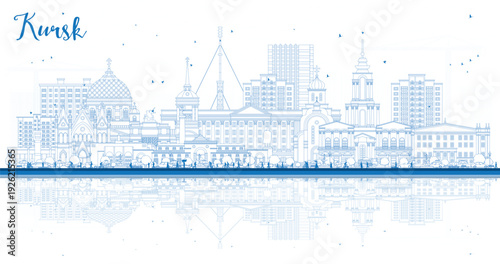 Outline Kursk Russia city skyline with blue buildings and reflections. Illustration. Kursk cityscape with landmarks. Business travel and tourism concept with modern and historic architecture.