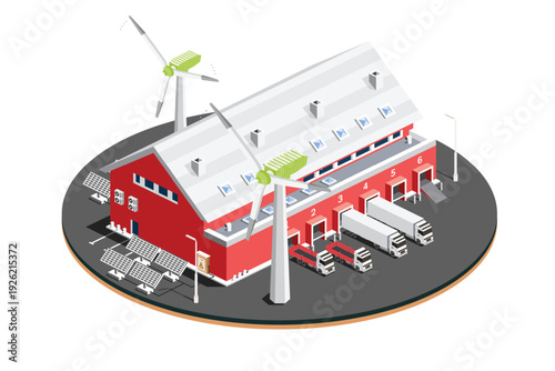 Isometric Distribution Logistic Center with Solar Panels with Wind Turbines. Warehouse Storage Facilities with Trucks. Illustration. Loading Discharging Terminal. Green Eco Friendly House.