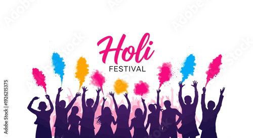 Illustration of people celebrating Holi Festival with colorful powder in the air against a white background.