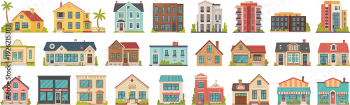 Flat design colorful urban house and storefront collection with residential homes and commercial buildings vector illustration set