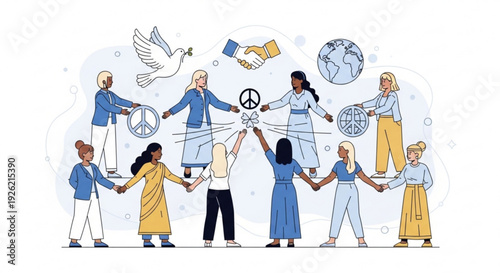 Diverse group of people holding hands in unity surrounded by peace symbols and global elements in a flat design illustration