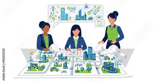 Three female architects collaborating on sustainable city planning project with blueprint and eco friendly elements
