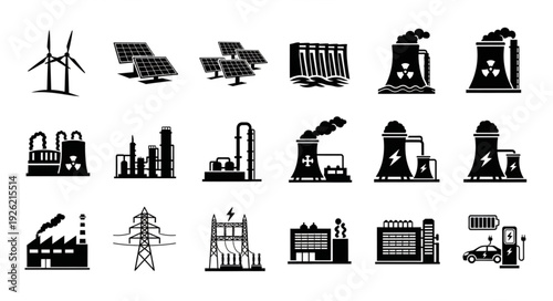 Various energy production and power plant icons representing different energy sources.