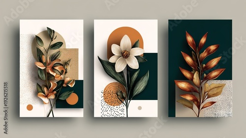Three abstract art pieces featuring flowers and leaves on a wall