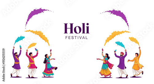 Illustration of people celebrating Holi Festival with colorful powders, traditional Indian clothing, and joyful expressions on a white background.