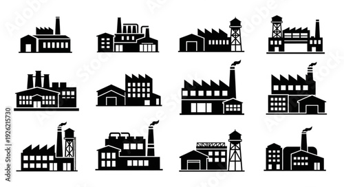 Collection of various factory silhouettes, representing industrial buildings and manufacturing plants.