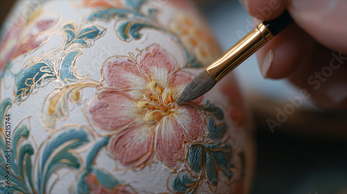 Extreme close-up of a brush adding finishing touches to a richly textured floral design on an egg. Raised paint details, soft pink petals, blue leaves, and gold accents create a luxurious, handcrafted