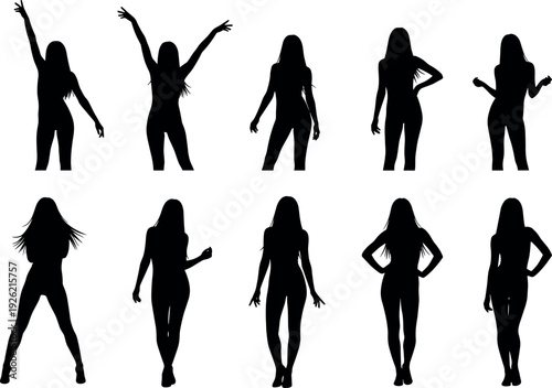 Female dancing silhouettes illustration, expressive posture artwork, dynamic movement icons, human pose design concept, artistic figure graphic, black white performance representation