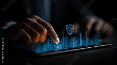 The tablet shows a holographic security icon, shield, lock, email, and chart, with a finger touching them to illustrate cybersecurity insurance and digital risk protection