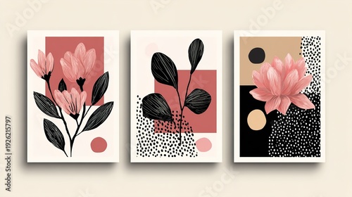 Three abstract art prints with floral designs on a beige background