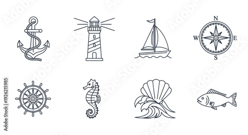 Nautical themed line art illustrations featuring various maritime elements and symbols.