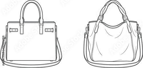 Women handbag vector illustration, front and side view leather purse design isolated on white background fashion accessory