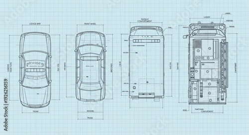 Detailed blueprint of a vehicle showcasing various perspectives and dimensions for design and engineering.