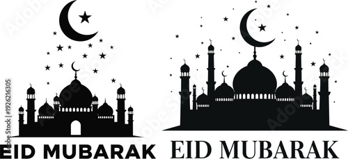 Eid Mubarak greeting with mosque silhouette