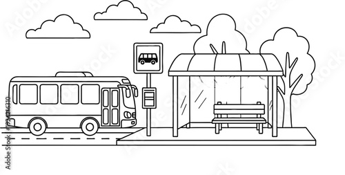 Minimal outline illustration of a city bus stopping at a street shelter in urban environment.