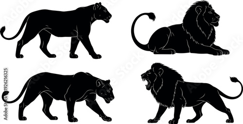 Lion silhouettes collection, male female lions artwork, wildlife predator illustration, roaring standing walking postures, nature animal icons, black white design graphics