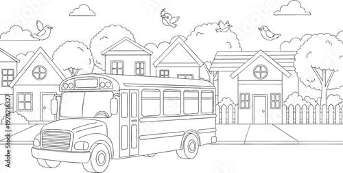 Line illustration of school bus traveling through residential neighborhood with houses and trees.