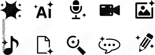 Digital media icons, AI tools, microphone symbol, video camera, image frame, music note, document file, search magnifier, chat bubble, pencil illustration
