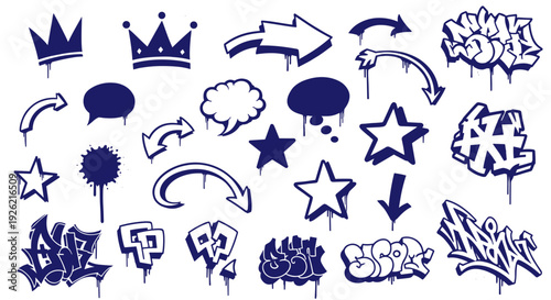 Graffiti Elements Collection Dynamic Spray Paint Drips Arrows Stars Speech Bubbles Crowns and Bold Typography for Urban Art Design