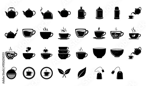Black silhouette collection featuring vector glasses, cafe cups and tea, kitchen restaurant symbols for drink design sets