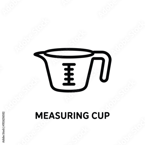 Simple line drawing of a measuring cup with text below it