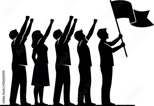 Protest silhouettes illustration, activist people artwork, unity demonstration icons, social movement design concept, collective action graphic, black white solidarity representation