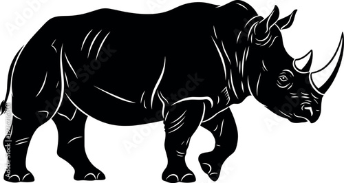 Rhinoceros silhouette illustration, wildlife animal artwork, endangered species icon, bold black white design, nature conservation graphic, powerful horned creature outline drawing