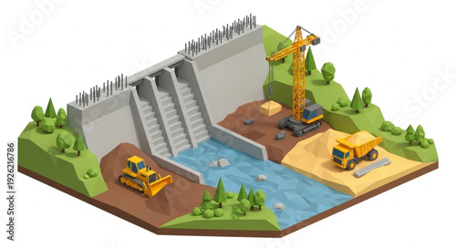 Dam Construction Site with Machinery.
