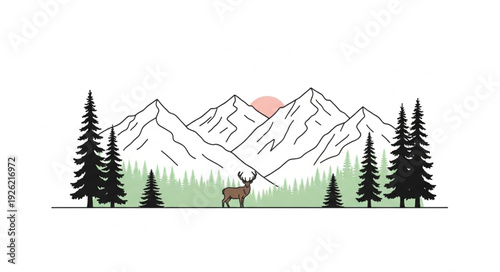 Deer in Mountain Landscape Scene.