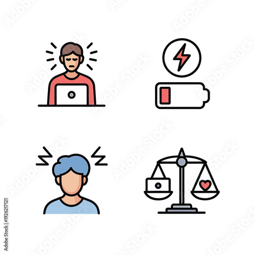 Digital burnout stress and balance represented by colorful vector icons