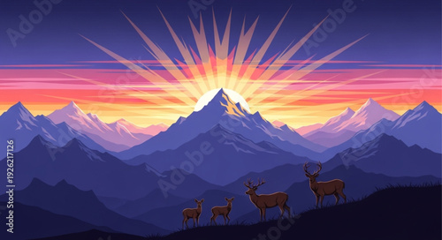 Deer in Mountains at Sunset.