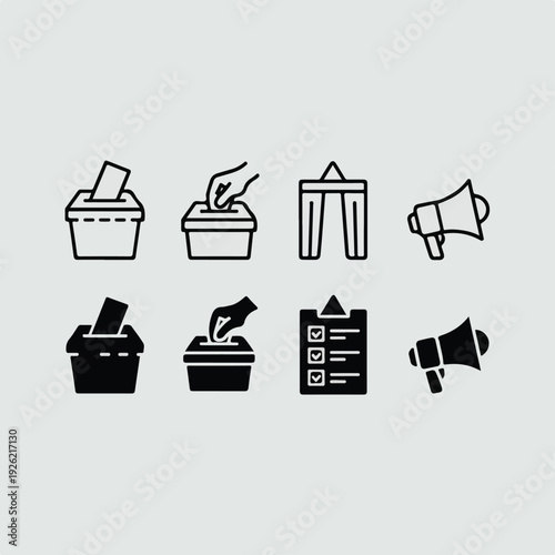 Minimal Election & Voting Icon Set – Line and Solid Silhouette Vector Collection