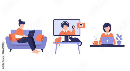 Diverse individuals working remotely on laptops enjoying coffee and interacting online with pets nearby