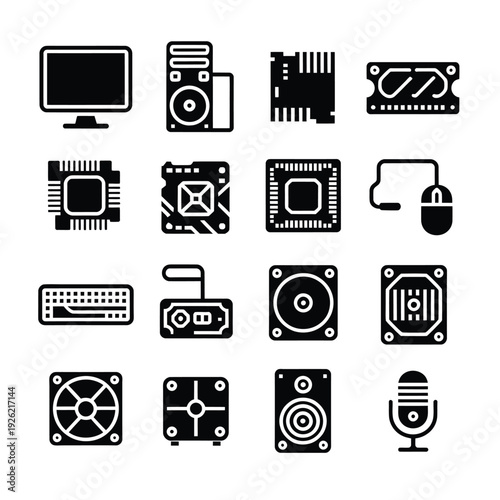 Black and white icons depicting various computer hardware components
