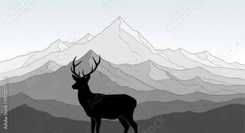 Deer Silhouette against Mountains Landscape.