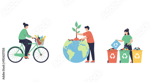 Eco friendly lifestyle with people cycling recycling and planting a tree on planet earth for environmental conservation and sustainability