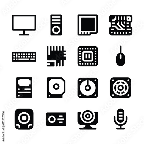 Collection of black and white icons representing various computer hardware components