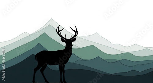Deer Silhouette Against Mountains Landscape.