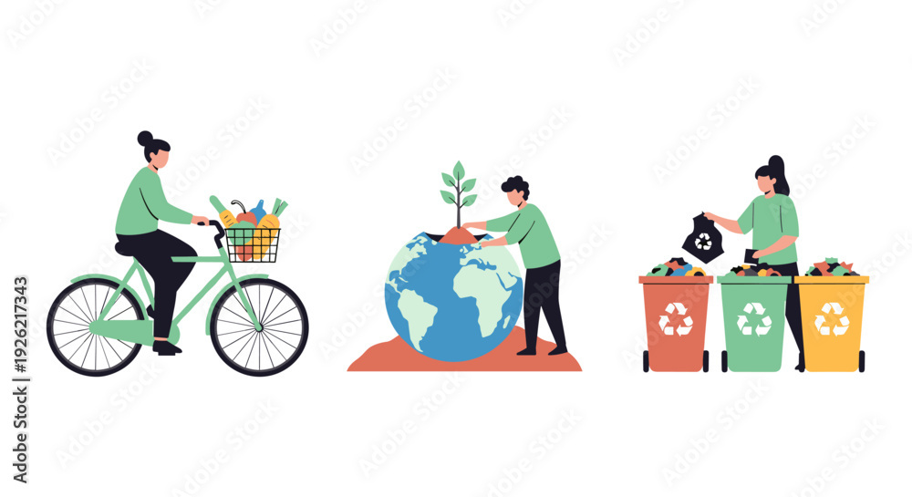 Naklejka premium Eco friendly lifestyle choices for a sustainable planet earth with recycling and cycling for a greener future
