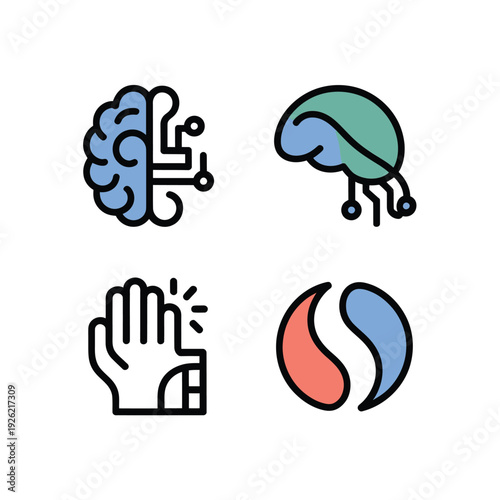 Four colorful icons depicting a brain hand and abstract shapes